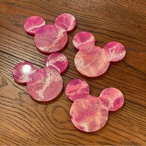 Set of 4 Pink Acrylic Resin Plastic Mickey Mouse Ears Coasters